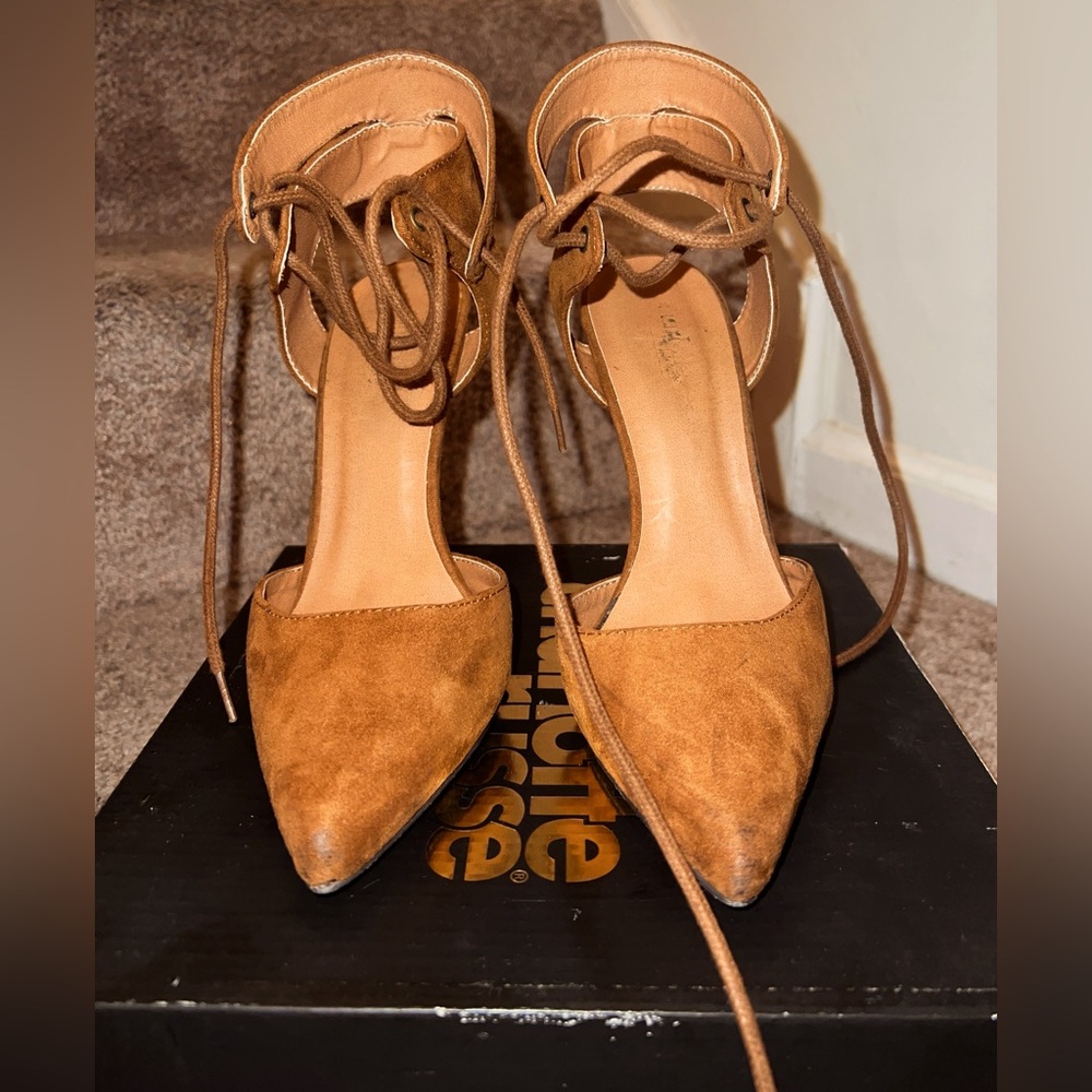 Suede Lace Up Heels - Brown - Wmn Sz 7 - True to size